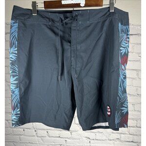 Travis Mathew Blue Leaf Print Board Swim Shorts Surf Swim Trunks Drawstring 38